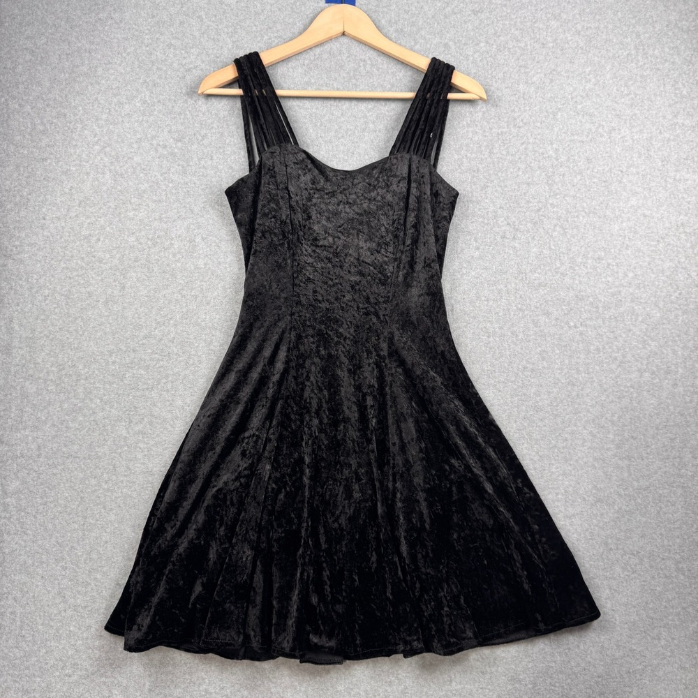 VTG Maurices‎ Dress Womens Small Black Crushed Velvet Whimsigoth Mini Skater 90s